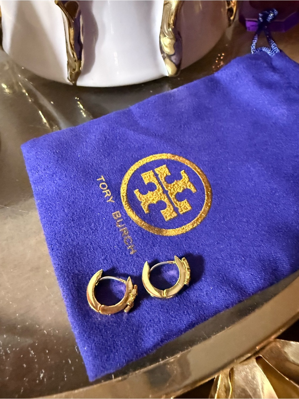 Tory Burch Gold and Black Enamel Mini Hoop Earrings with Logo Detail